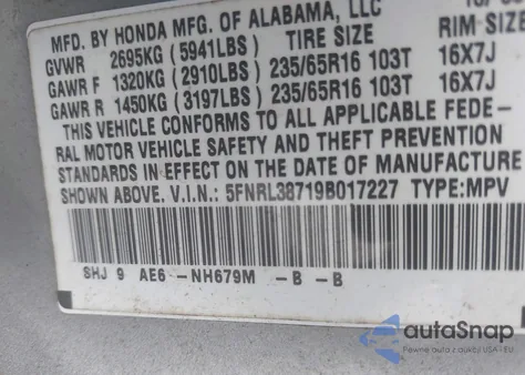 2009 Honda Odyssey Ex-L из США, поврежденный, VIN 5FNRL38719B017227